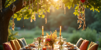 Table extérieure ensoleillée avec chaises colorées et attrape-rêves