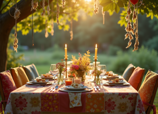Table extérieure ensoleillée avec chaises colorées et attrape-rêves