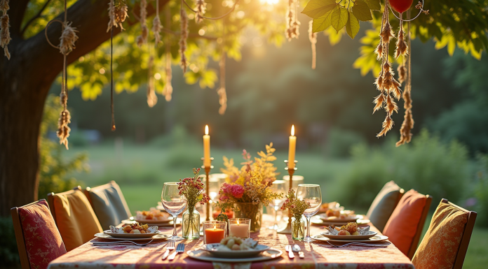 Table extérieure ensoleillée avec chaises colorées et attrape-rêves