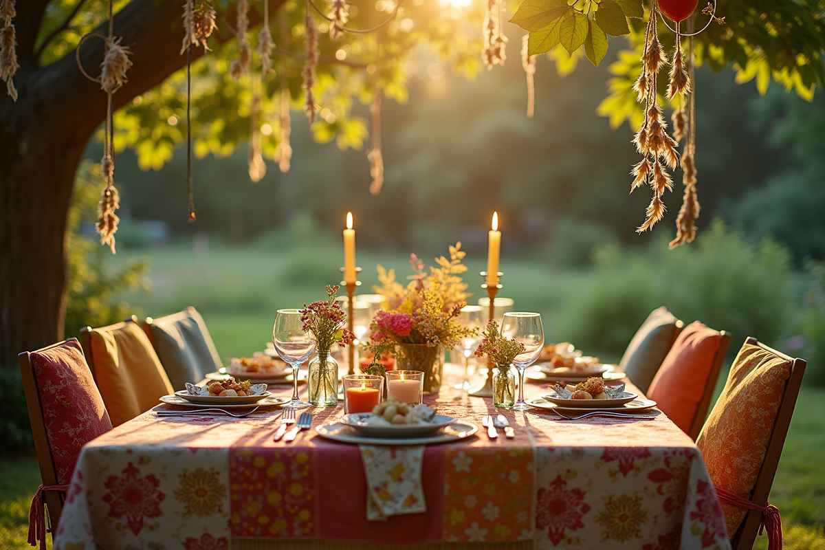 Table extérieure ensoleillée avec chaises colorées et attrape-rêves