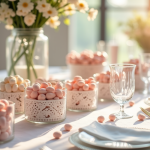 Table de mariage élégante avec amandes en pastel et vaisselle fine
