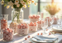 Table de mariage élégante avec amandes en pastel et vaisselle fine