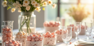 Table de mariage élégante avec amandes en pastel et vaisselle fine