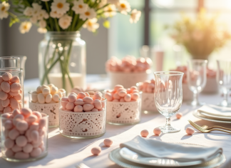 Table de mariage élégante avec amandes en pastel et vaisselle fine