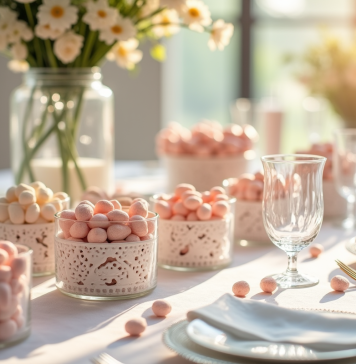 Table de mariage élégante avec amandes en pastel et vaisselle fine