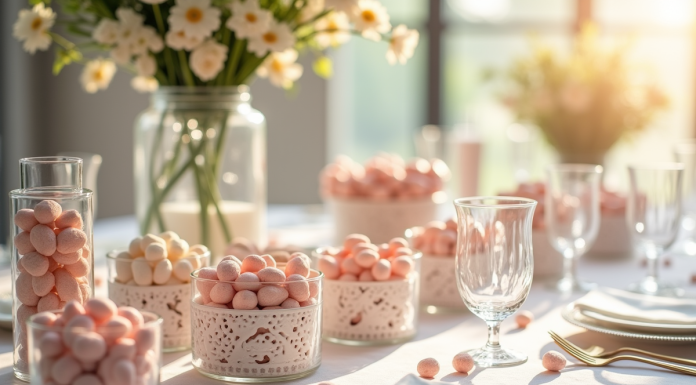 Table de mariage élégante avec amandes en pastel et vaisselle fine