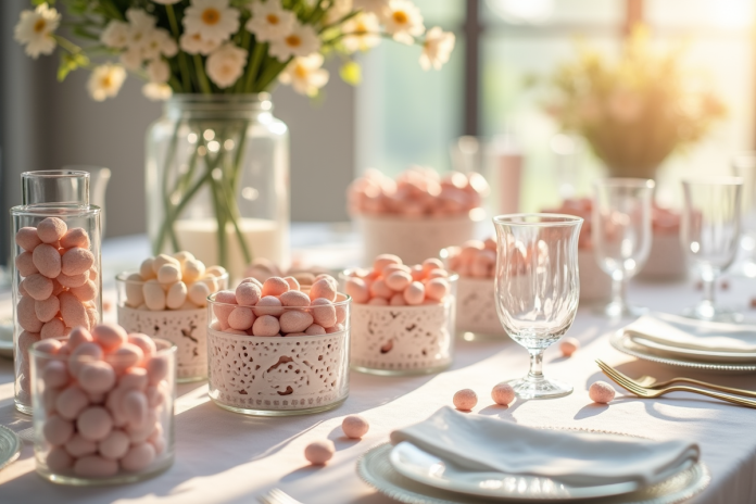 table-mariage-pastel-sugar-almonds Table de mariage élégante avec amandes en pastel et vaisselle fine