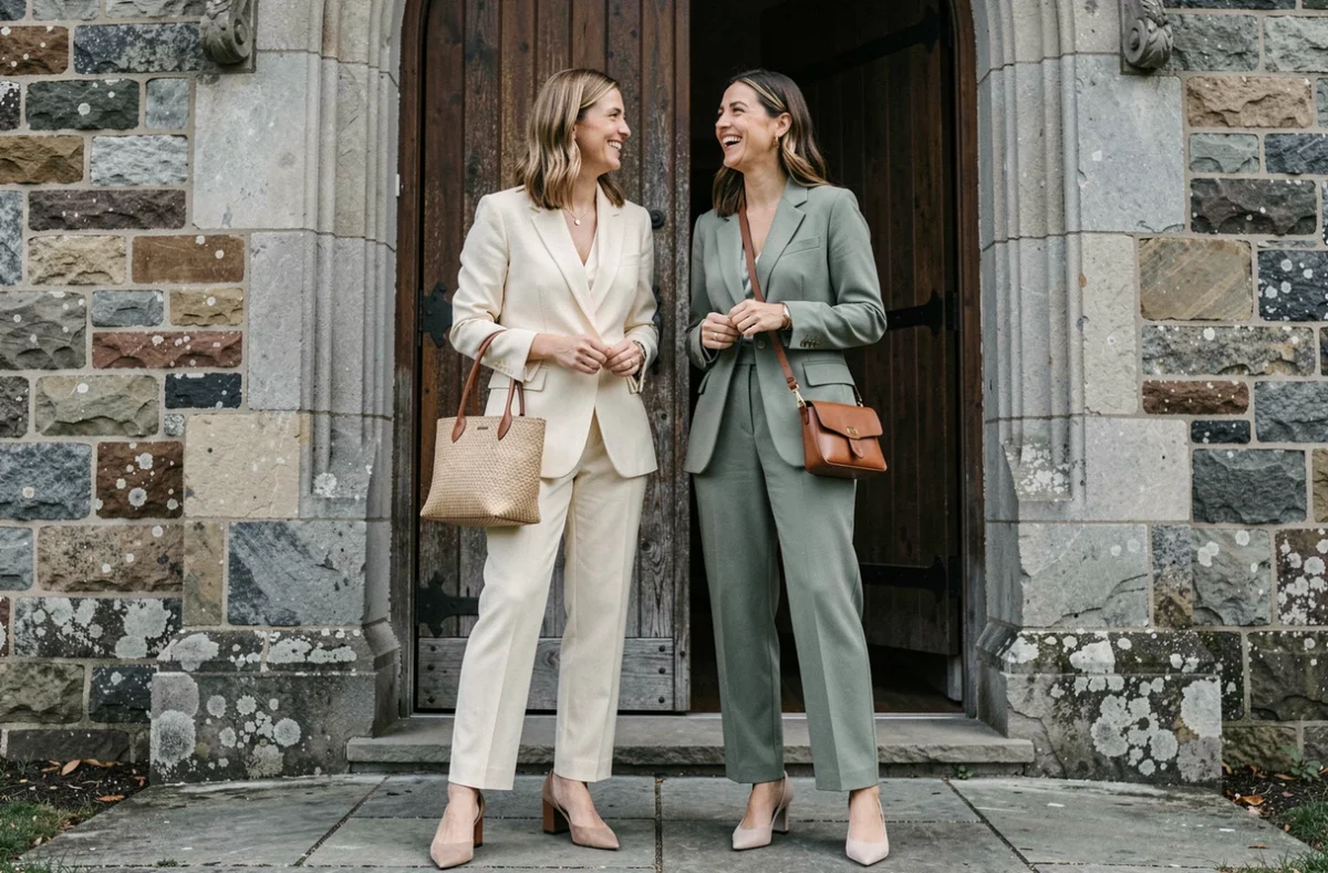 Deux femmes en ensembles pantalon mariage coordonnés avec chaussures et sacs assortis devant une chapelle en pierre