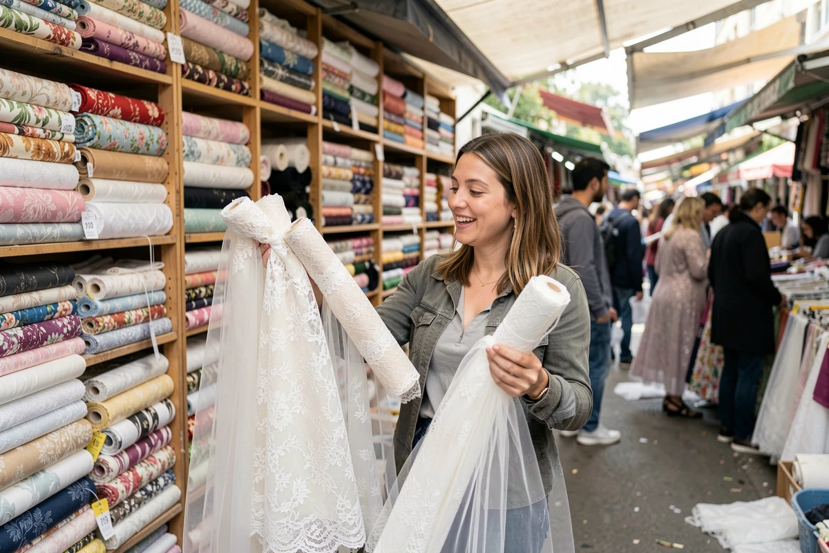 Femme comparant des tissus dentelle et tulle blanc dans un marché de tissu pour confectionner une robe de mariée à petit budget