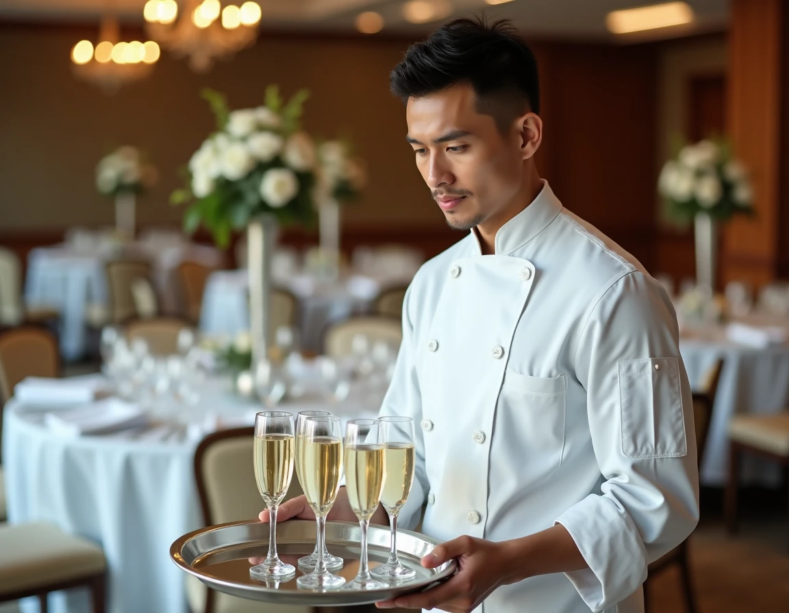 Traiteur professionnel en veste blanche disposant des flûtes à champagne sur un plateau argenté dans une salle de réception de mariage