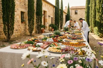 Table de buffet de mariage dressée par un traiteur professionnel dans le Var, avec charcuterie, fromages et spécialités méditerranéennes en plein air