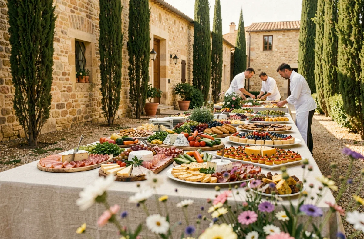 Table de buffet de mariage dressée par un traiteur professionnel dans le Var, avec charcuterie, fromages et spécialités méditerranéennes en plein air