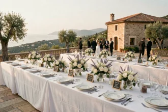 Réception de mariage en plein air dans les Alpes-Maritimes avec tables dressées, vaisselle fine et vue sur la Méditerranée