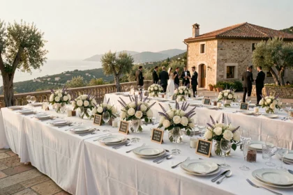Réception de mariage en plein air dans les Alpes-Maritimes avec tables dressées, vaisselle fine et vue sur la Méditerranée
