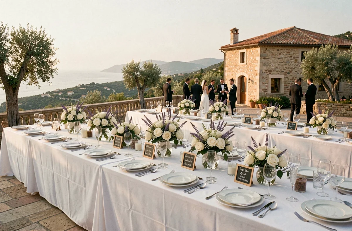 Réception de mariage en plein air dans les Alpes-Maritimes avec tables dressées, vaisselle fine et vue sur la Méditerranée