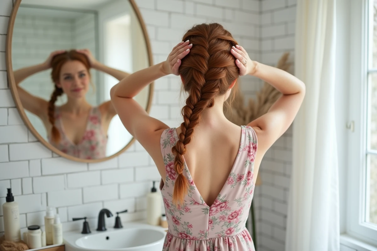 Jeune femme réalisant une natte française sophistiquée avec épingles en perles pour un mariage dans une salle de bain