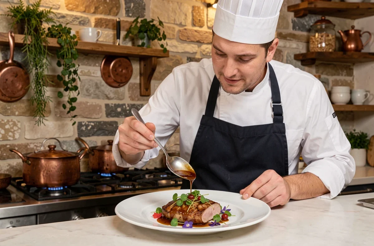 Chef à domicile dressant une assiette gastronomique pour un repas de mariage dans une cuisine provençale en pierre avec cuivres et herbes fraîches