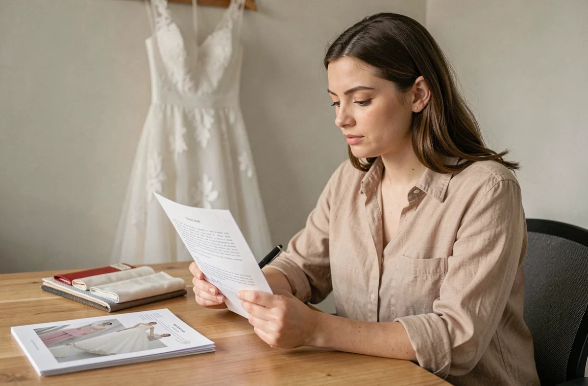 Femme lisant attentivement un contrat d'achat dans une boutique de robe de mariée pour éviter les mauvaises surprises