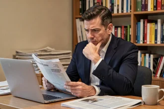Homme lisant des articles de presse en ligne sur un ordinateur portable dans un bureau, symbolisant la vérification d'informations sur des personnalités publiques