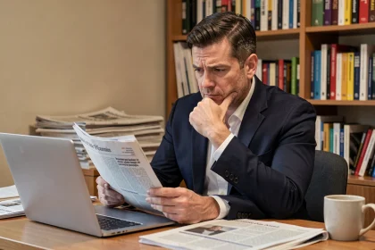 Homme lisant des articles de presse en ligne sur un ordinateur portable dans un bureau, symbolisant la vérification d'informations sur des personnalités publiques