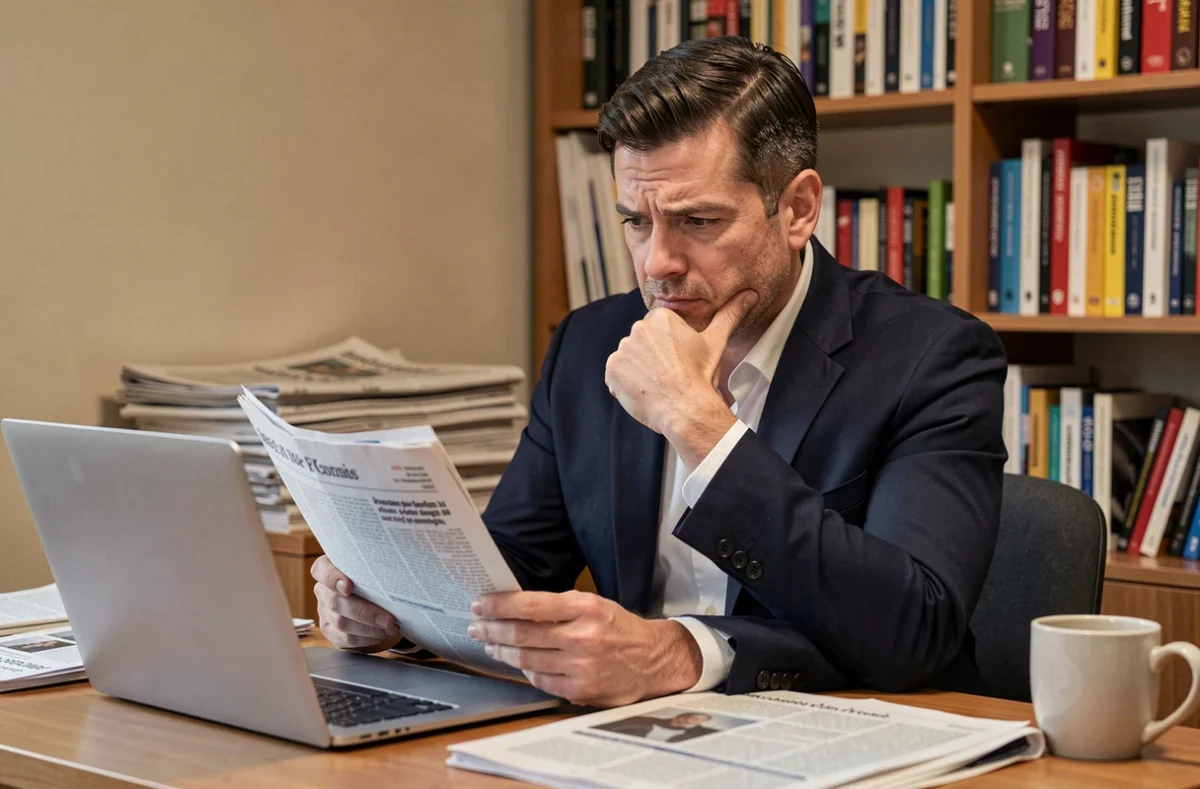 Homme lisant des articles de presse en ligne sur un ordinateur portable dans un bureau, symbolisant la vérification d'informations sur des personnalités publiques