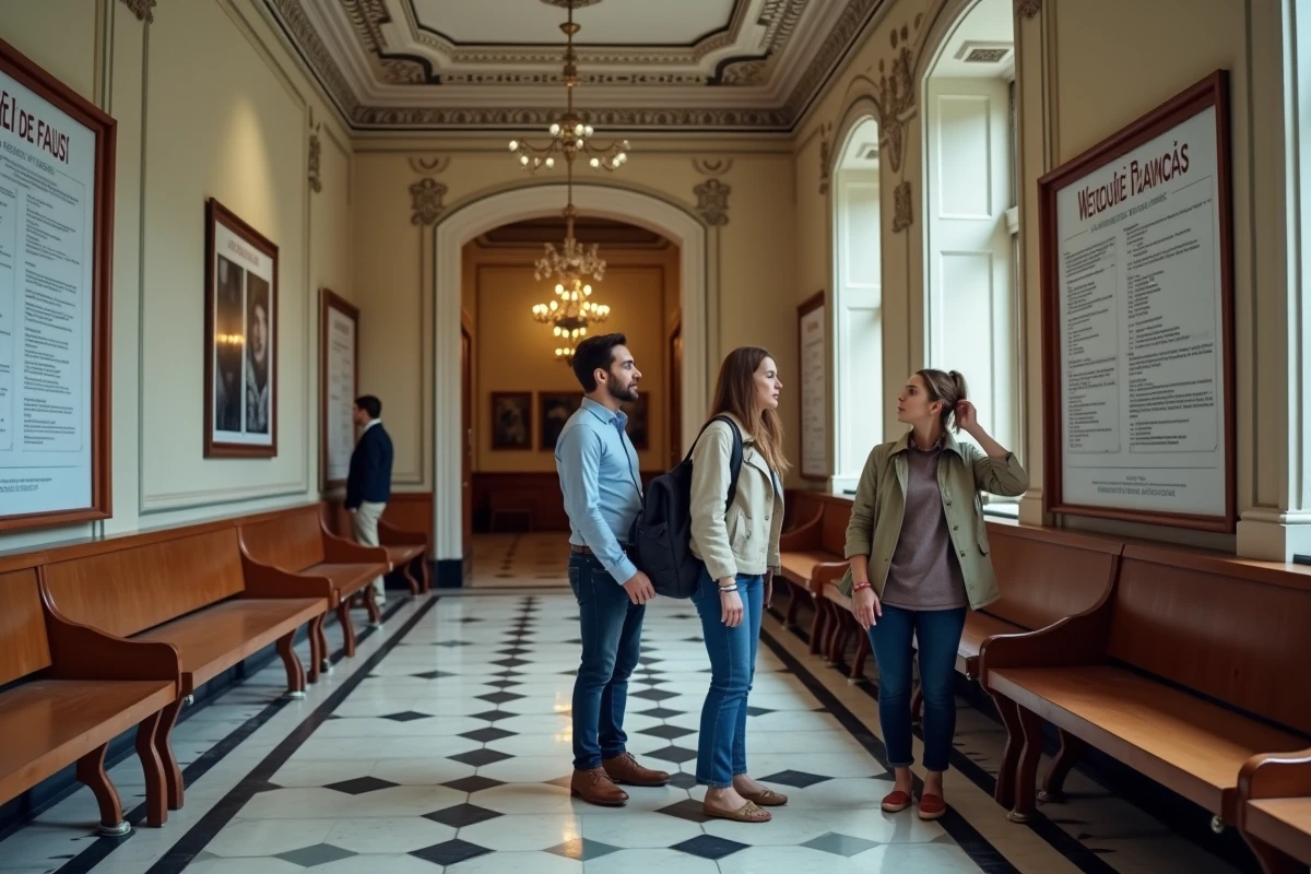 Groupe de visiteurs consultant les bans de mariage affichés dans le hall d'accueil d'une mairie française