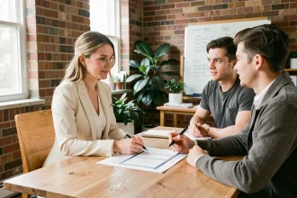 Wedding planner professionnelle présentant un budget mariage détaillé à un couple lors d'une première consultation en bureau