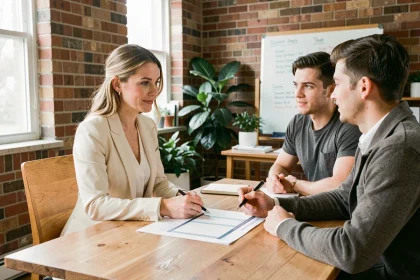 Wedding planner professionnelle présentant un budget mariage détaillé à un couple lors d'une première consultation en bureau