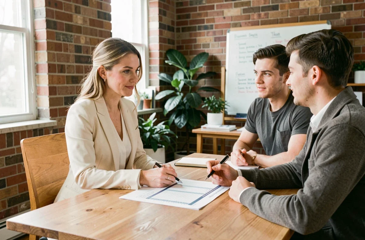 Wedding planner professionnelle présentant un budget mariage détaillé à un couple lors d'une première consultation en bureau